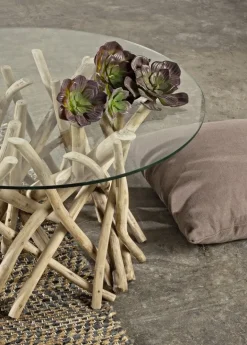 TAVOLINO ROTONDO IN TEAK CON RIPIANO IN VETRO - SAMIRA