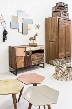 TAVOLINO ROTONDO IN TEAK CON RIPIANO IN VETRO - SAMIRA